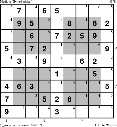 The grouppuzzles.com Medium HyperSudoku puzzle for Friday January 29, 2021, suitable for printing, with all 6 steps marked