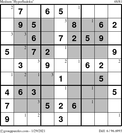 The grouppuzzles.com Medium HyperSudoku puzzle for Friday January 29, 2021 with the first 3 steps marked