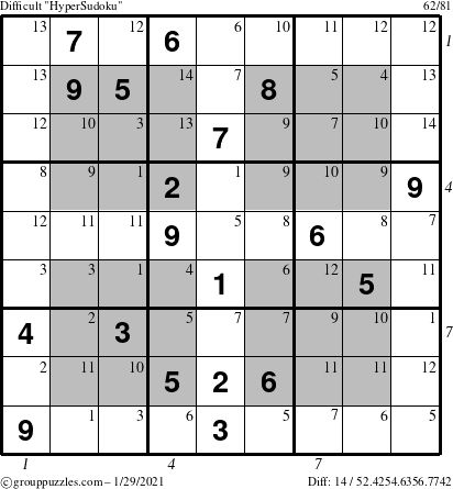 The grouppuzzles.com Difficult HyperSudoku puzzle for Friday January 29, 2021, suitable for printing, with all 14 steps marked