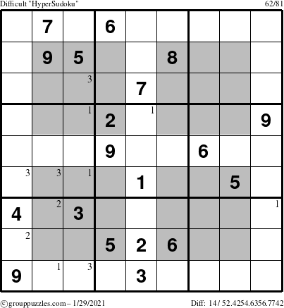 The grouppuzzles.com Difficult HyperSudoku puzzle for Friday January 29, 2021 with the first 3 steps marked