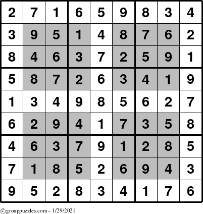 The grouppuzzles.com Answer grid for the HyperSudoku puzzle for Friday January 29, 2021