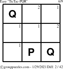 The grouppuzzles.com Easy TicTac-PQR puzzle for Friday January 29, 2021 with the first 2 steps marked