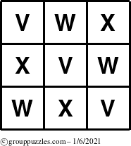 The grouppuzzles.com Answer grid for the TicTac-VWX puzzle for Wednesday January 6, 2021