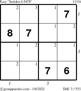 The grouppuzzles.com Easy Sudoku-4-5678 puzzle for Wednesday January 6, 2021 with all 3 steps marked