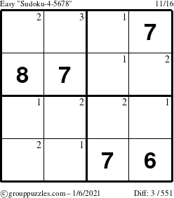 The grouppuzzles.com Easy Sudoku-4-5678 puzzle for Wednesday January 6, 2021 with the first 3 steps marked