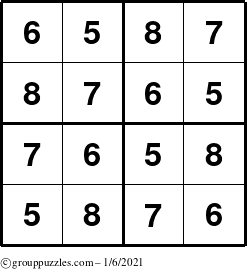 The grouppuzzles.com Answer grid for the Sudoku-4-5678 puzzle for Wednesday January 6, 2021