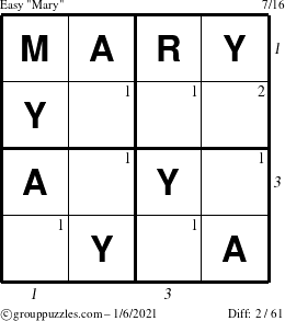 The grouppuzzles.com Easy Mary puzzle for Wednesday January 6, 2021 with all 2 steps marked