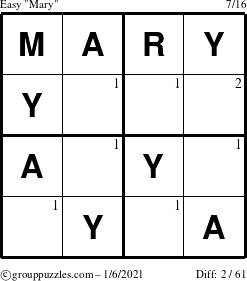 The grouppuzzles.com Easy Mary puzzle for Wednesday January 6, 2021 with the first 2 steps marked