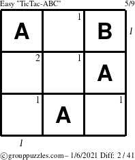 The grouppuzzles.com Easy TicTac-ABC puzzle for Wednesday January 6, 2021 with all 2 steps marked