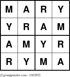 The grouppuzzles.com Answer grid for the Mary puzzle for Wednesday January 6, 2021