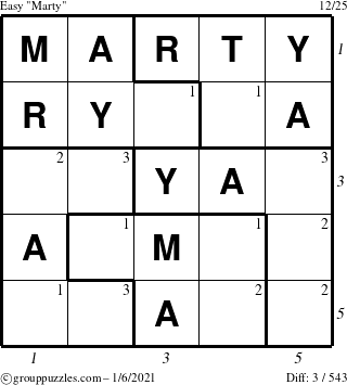 The grouppuzzles.com Easy Marty puzzle for Wednesday January 6, 2021 with all 3 steps marked