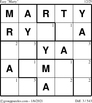 The grouppuzzles.com Easy Marty puzzle for Wednesday January 6, 2021 with the first 3 steps marked