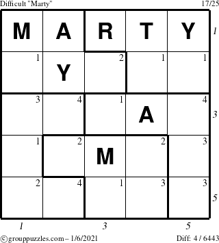 The grouppuzzles.com Difficult Marty puzzle for Wednesday January 6, 2021, suitable for printing, with all 4 steps marked