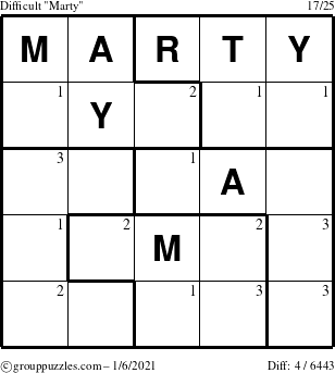 The grouppuzzles.com Difficult Marty puzzle for Wednesday January 6, 2021 with the first 3 steps marked