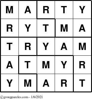 The grouppuzzles.com Answer grid for the Marty puzzle for Wednesday January 6, 2021