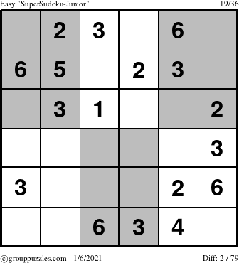 The grouppuzzles.com Easy SuperSudoku-Junior puzzle for Wednesday January 6, 2021