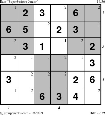 The grouppuzzles.com Easy SuperSudoku-Junior puzzle for Wednesday January 6, 2021, suitable for printing, with all 2 steps marked