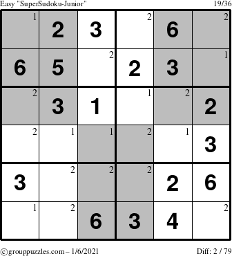 The grouppuzzles.com Easy SuperSudoku-Junior puzzle for Wednesday January 6, 2021 with the first 2 steps marked