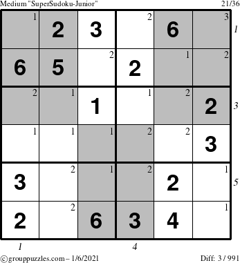 The grouppuzzles.com Medium SuperSudoku-Junior puzzle for Wednesday January 6, 2021 with all 3 steps marked