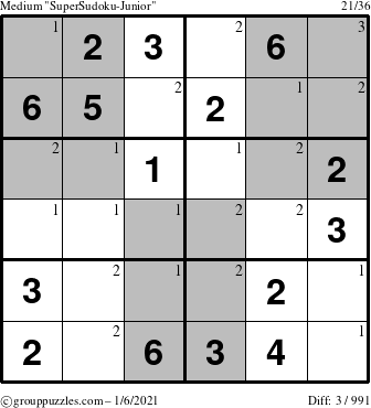 The grouppuzzles.com Medium SuperSudoku-Junior puzzle for Wednesday January 6, 2021 with the first 3 steps marked