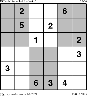 The grouppuzzles.com Difficult SuperSudoku-Junior puzzle for Wednesday January 6, 2021