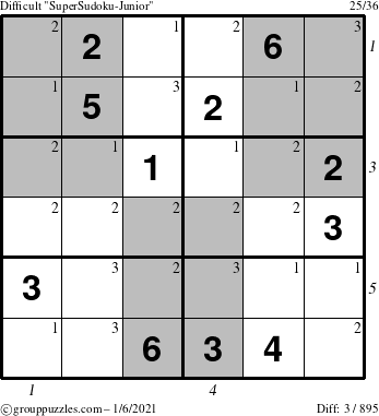 The grouppuzzles.com Difficult SuperSudoku-Junior puzzle for Wednesday January 6, 2021 with all 3 steps marked