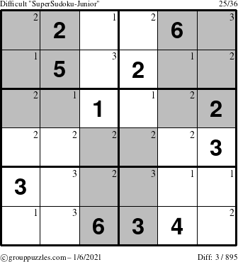 The grouppuzzles.com Difficult SuperSudoku-Junior puzzle for Wednesday January 6, 2021 with the first 3 steps marked