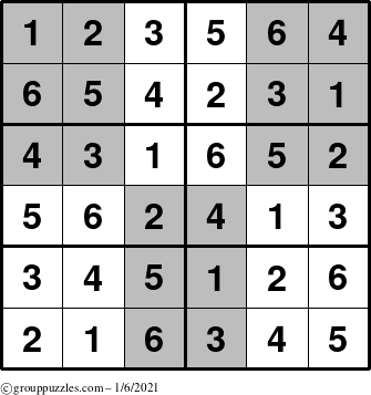 The grouppuzzles.com Answer grid for the SuperSudoku-Junior puzzle for Wednesday January 6, 2021