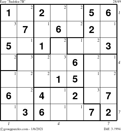 The grouppuzzles.com Easy Sudoku-7B puzzle for Wednesday January 6, 2021 with all 3 steps marked