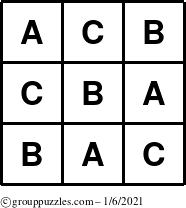 The grouppuzzles.com Answer grid for the TicTac-ABC puzzle for Wednesday January 6, 2021