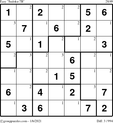 The grouppuzzles.com Easy Sudoku-7B puzzle for Wednesday January 6, 2021 with the first 3 steps marked