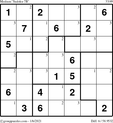 The grouppuzzles.com Medium Sudoku-7B puzzle for Wednesday January 6, 2021 with the first 3 steps marked