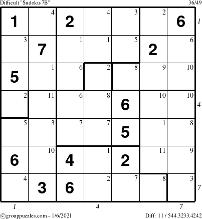 The grouppuzzles.com Difficult Sudoku-7B puzzle for Wednesday January 6, 2021 with all 11 steps marked