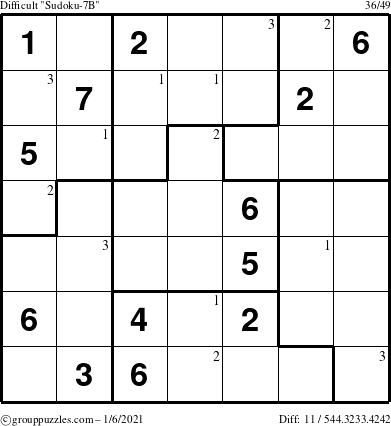 The grouppuzzles.com Difficult Sudoku-7B puzzle for Wednesday January 6, 2021 with the first 3 steps marked