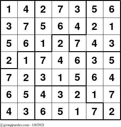 The grouppuzzles.com Answer grid for the Sudoku-7B puzzle for Wednesday January 6, 2021