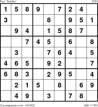 The grouppuzzles.com Easy Sudoku puzzle for Wednesday January 6, 2021