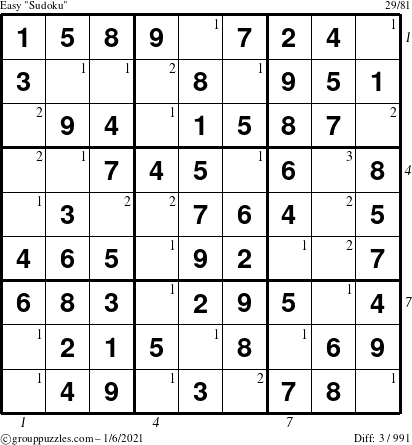 The grouppuzzles.com Easy Sudoku puzzle for Wednesday January 6, 2021 with all 3 steps marked