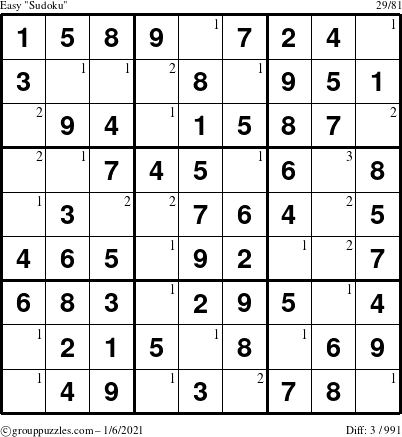 The grouppuzzles.com Easy Sudoku puzzle for Wednesday January 6, 2021 with the first 3 steps marked