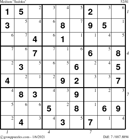 The grouppuzzles.com Medium Sudoku puzzle for Wednesday January 6, 2021, suitable for printing, with all 7 steps marked