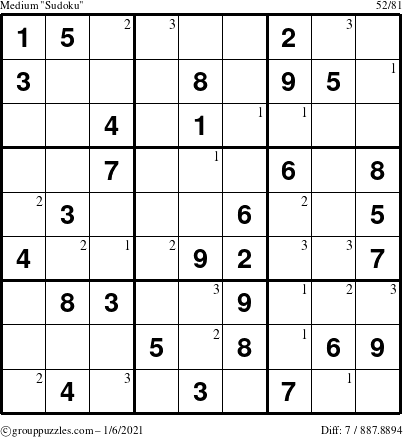 The grouppuzzles.com Medium Sudoku puzzle for Wednesday January 6, 2021 with the first 3 steps marked