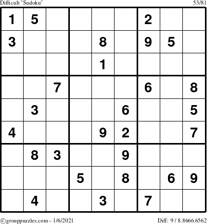 The grouppuzzles.com Difficult Sudoku puzzle for Wednesday January 6, 2021