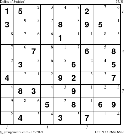 The grouppuzzles.com Difficult Sudoku puzzle for Wednesday January 6, 2021 with all 9 steps marked