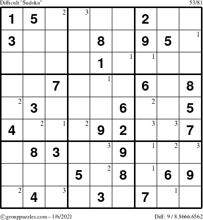 The grouppuzzles.com Difficult Sudoku puzzle for Wednesday January 6, 2021 with the first 3 steps marked