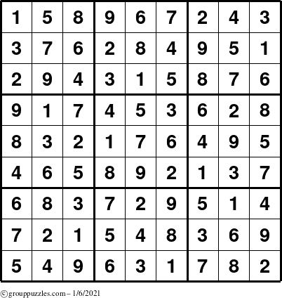 The grouppuzzles.com Answer grid for the Sudoku puzzle for Wednesday January 6, 2021