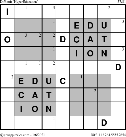 The grouppuzzles.com Difficult HyperEducation-i23 puzzle for Wednesday January 6, 2021 with the first 3 steps marked