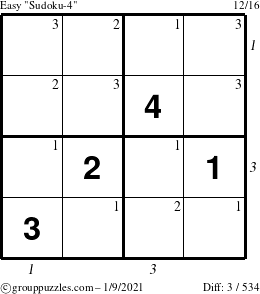 The grouppuzzles.com Easy Sudoku-4 puzzle for Saturday January 9, 2021 with all 3 steps marked