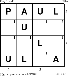 The grouppuzzles.com Easy Paul puzzle for Saturday January 9, 2021 with all 2 steps marked