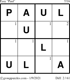 The grouppuzzles.com Easy Paul puzzle for Saturday January 9, 2021 with the first 2 steps marked