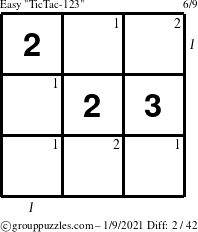 The grouppuzzles.com Easy TicTac-123 puzzle for Saturday January 9, 2021 with all 2 steps marked