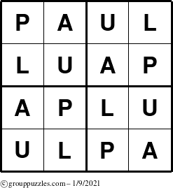 The grouppuzzles.com Answer grid for the Paul puzzle for Saturday January 9, 2021